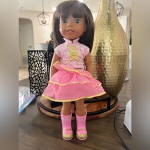 American Girl Doll Wellie Wishers Ashlyn 14.5” Original Clothes Pink Boots EUC!